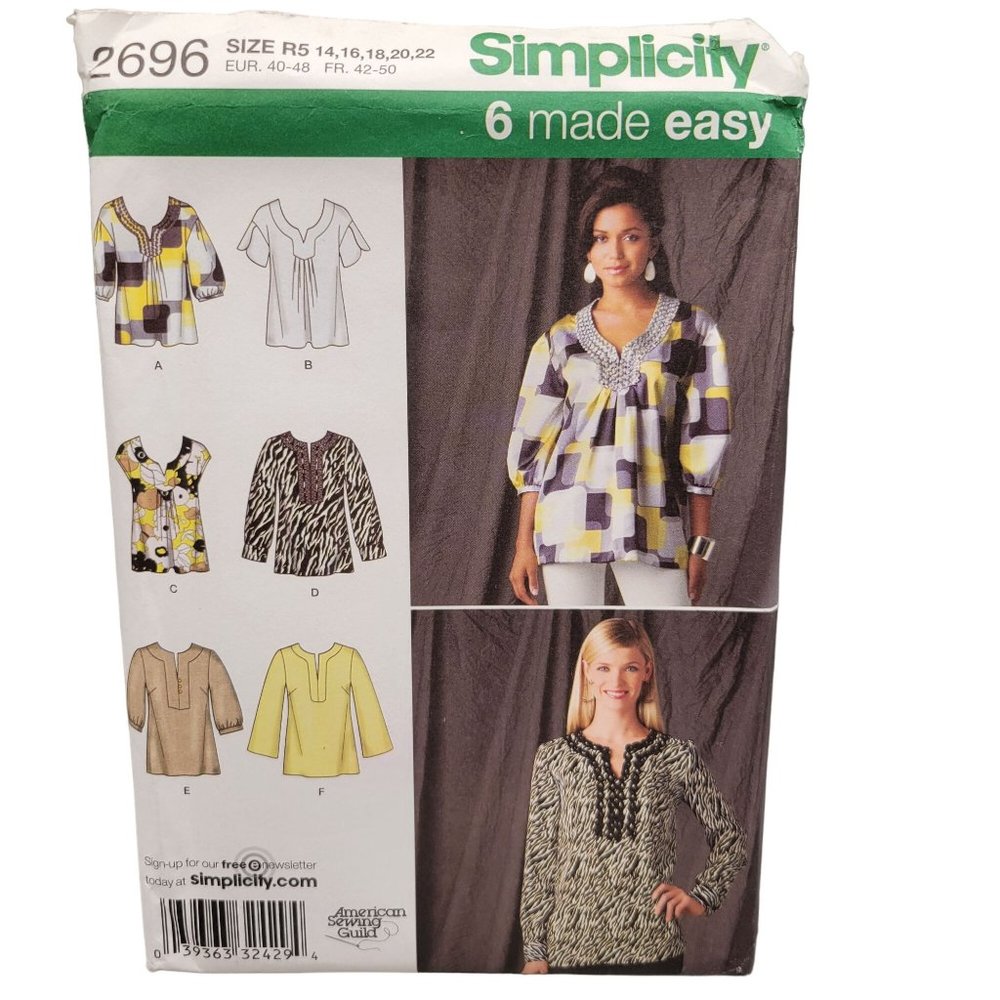 Simplicity Pullover Tunics Sewing Pattern 2696 Size 14-22 UNCUT